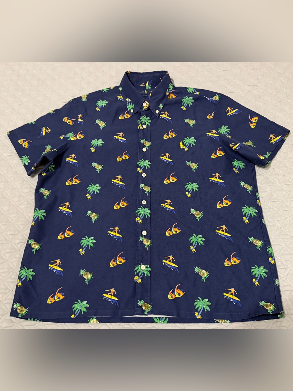 Polo Ralph Lauren Mens L Button Down Shirt Blue AOP Surfer Pineapple Palm Tree
